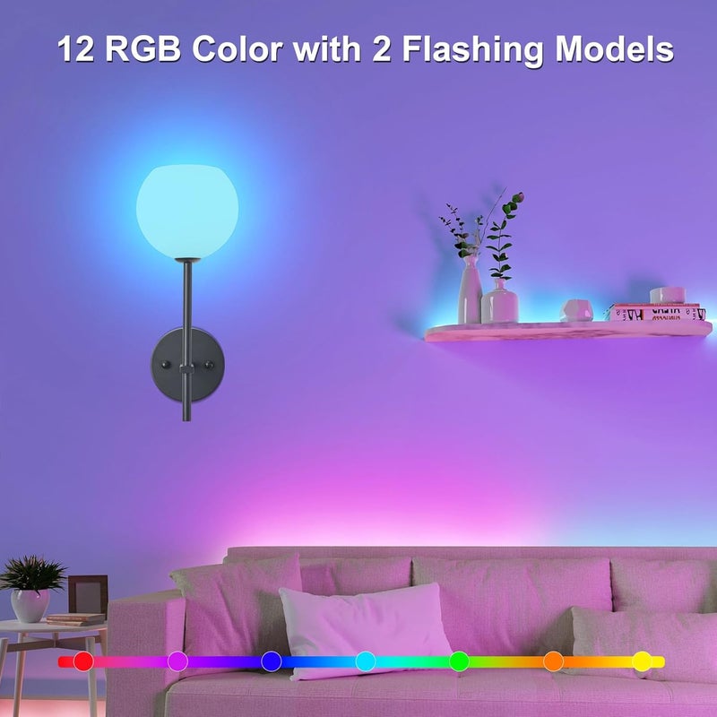 Keep Shinning Black Battery Operated Wall Sconces Set of 2, Rechargeable Wireless Wall Lights with Milky White Frosted Glass Shade, 12 RGB and 3CCT Dimmable, Wall Lamps with Remote for Bedroom Living Room Hallway - Image 2